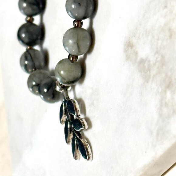 Dark Grey Marble Short Necklace, Genuine Gemstone & Silver Leaf Branch Pendant - Picture 6 of 13
